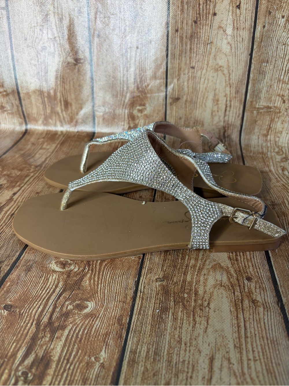 Jessica Simpson Champagne Rhinestone T-Strap Flat Sandals size 6.5